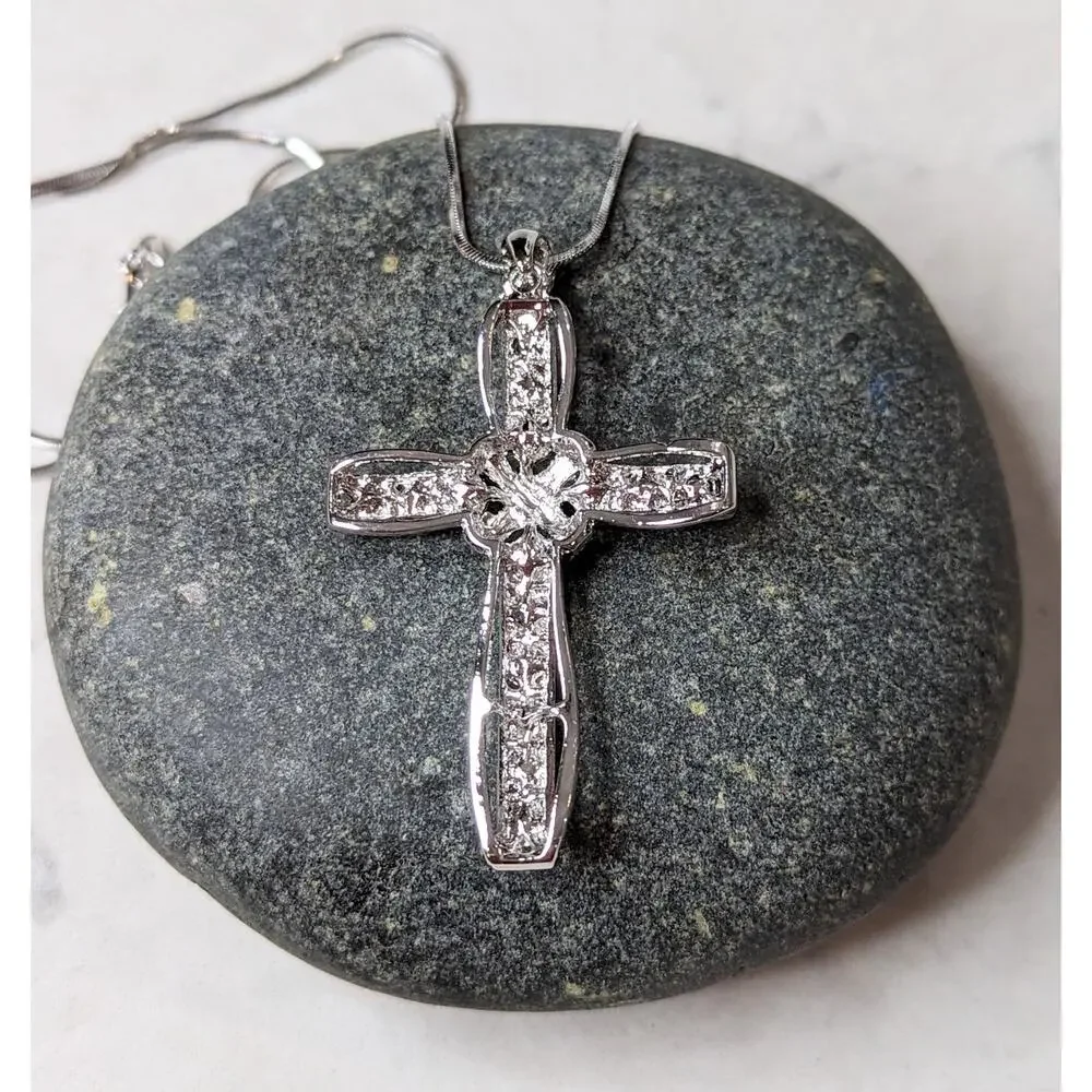 White Gold Plated Crystal Cross Necklace NEW Religious Spiritual Gift